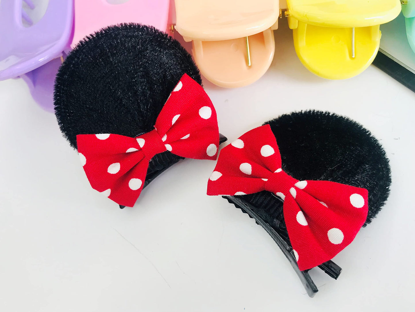 Cute Mouse Ears Hair Clips with Red Polka Dot Bows - Girls Costume Accessories for Theme Party, Travel, Halloween, Birthday Look