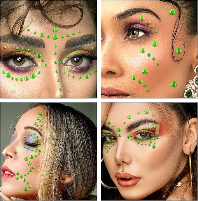 591pcs Face Gems Hair Gems Pearls, Self-Adhesive Face Jewels Eye Rhinestones 3/4/5/6/8 mm Face Gem Stick on, Halloween Makeup Gems Rave Accessories for Face Eyes Body Makeup (09.Light Green)
