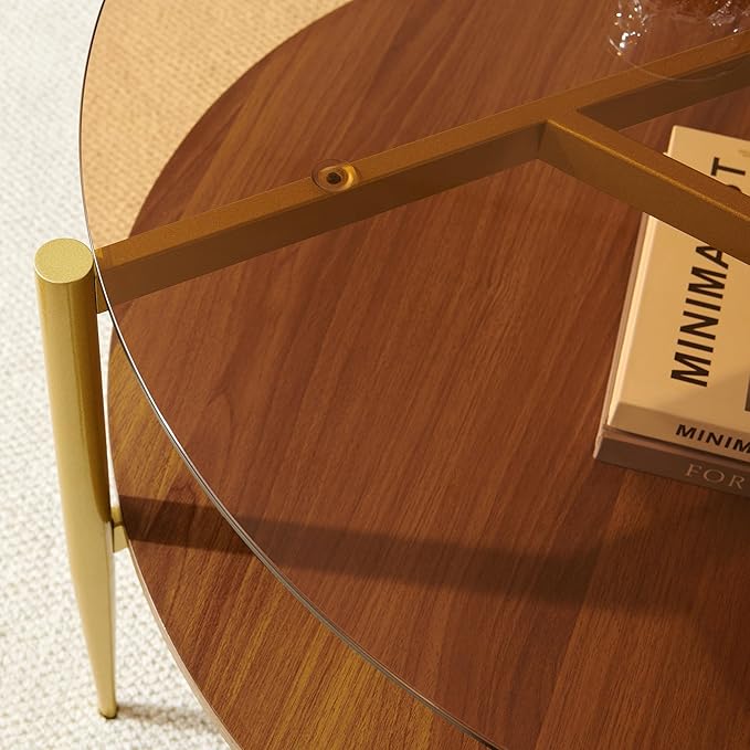 Pine Flicker Round Coffee Table, Mid-Century Modern Design, D30*H17 inch, for Living Room, 2-Tier Structure, Amber Glass Top and Walnut Wood Shelf, Sleek Conical Metal Legs with Gold Finish