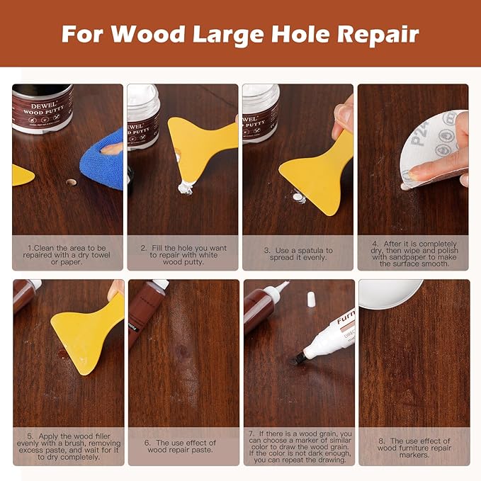 DEWEL Wood Furniture Repair Kit 40 Pcs, 12 Colors Wood Filler and Touch Up Markers, Wooden Putty and Polish Wax, Repair Scratch, Cracks, Hole, Stains for Hardwood Floor, Table, Laminate, Cabinet