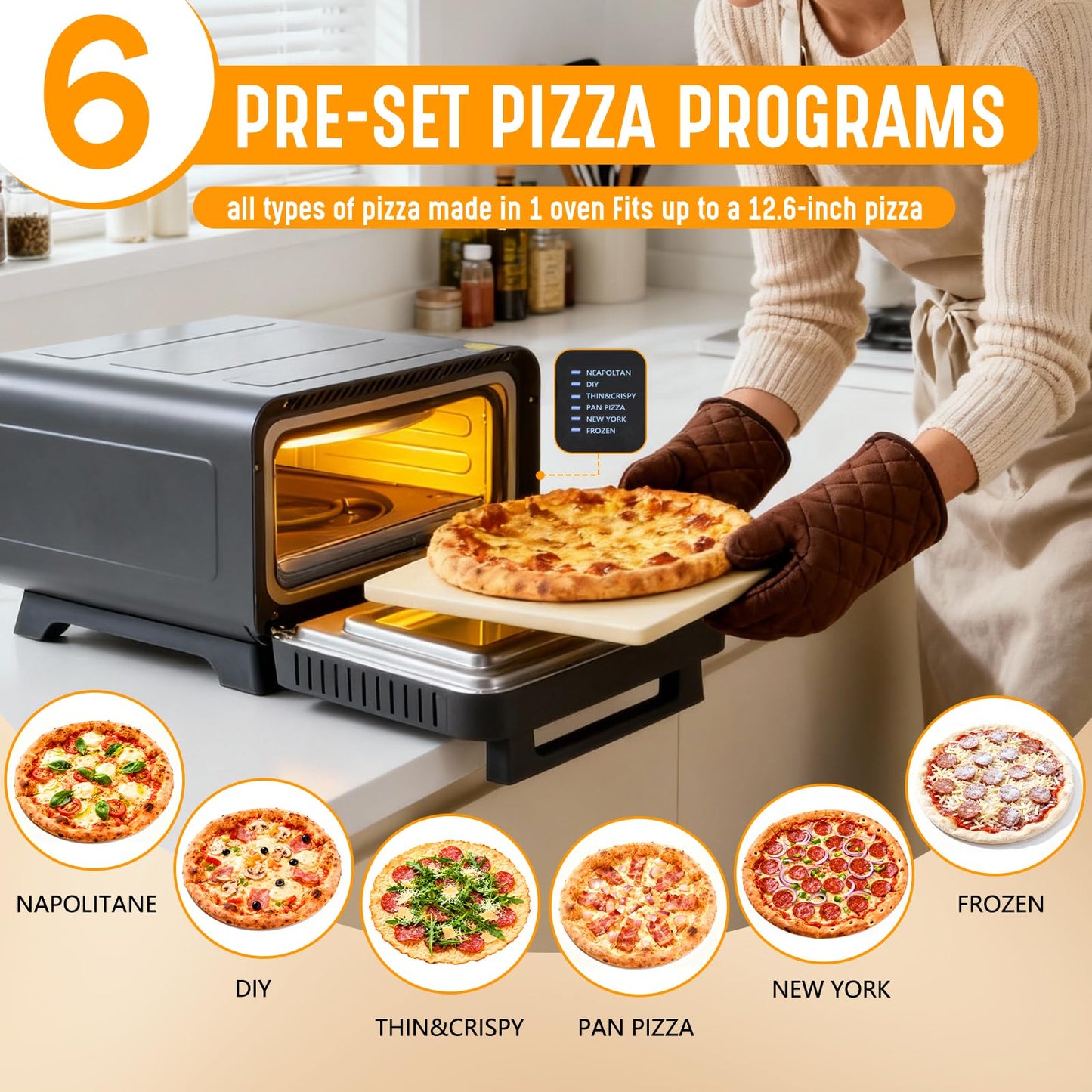 OLIXIS Pizza Oven Indoor, 1600W Electric Pizza Oven Fast Heating, 6 Presets Pizza Maker for 12 Inches, with Pizza Stone & Spatula, Upper-Bottom Independent Heating Temperature Control