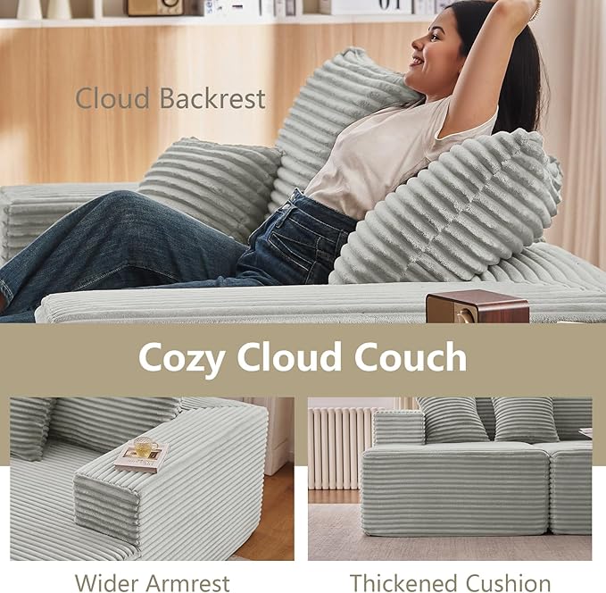 140" Sectional Cloud Couch for Living Room, Modular Floor Deep-Seat Sofa, Big Comfy Corduroy Couches Set with Fluffy Memory Foam, Stupendous U Shaped Sofas, No Assembly Required, Grey