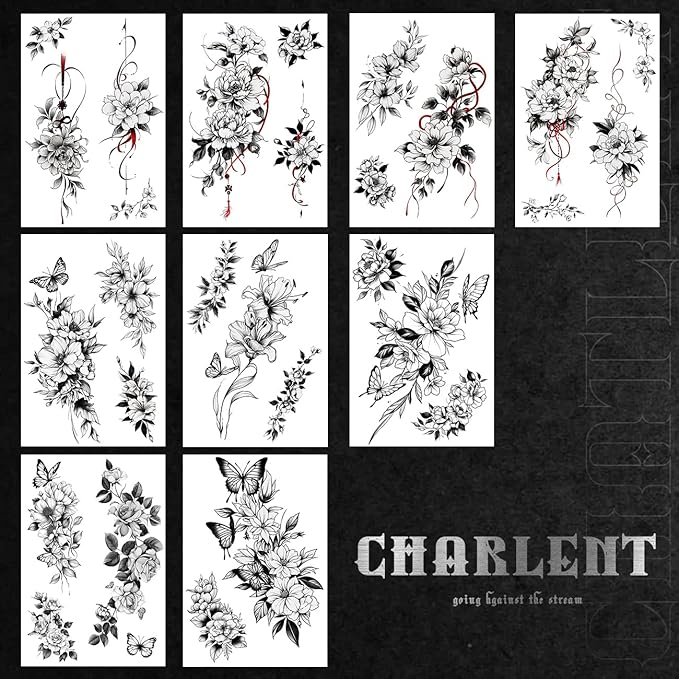 CHARLNET Large Flower Temporary Tattoos for Women - 28 Pcs Sexy Black Flower Rose Fake Tattoos for Women Body Art Arm Chest Legs Shoulder Abdomen
