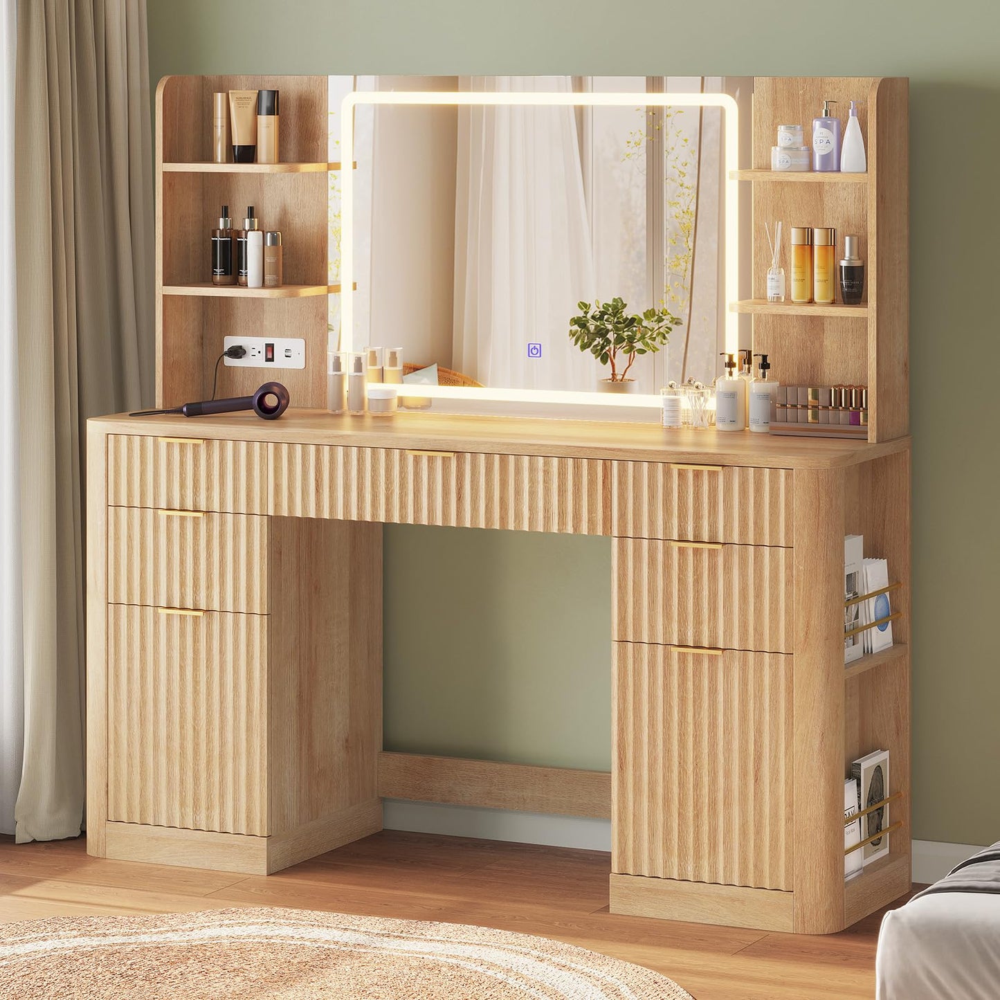 HAUOMS 51.2" Fluted Makeup Vanity Desk with Large 30.3" Mirror and Lights, 5 Drawer Vanity with Power Strip, 6 Open Shelves, 2 Cabinet，Modern Dressing Table with Solid Wood Legs for Bedroom, Oak