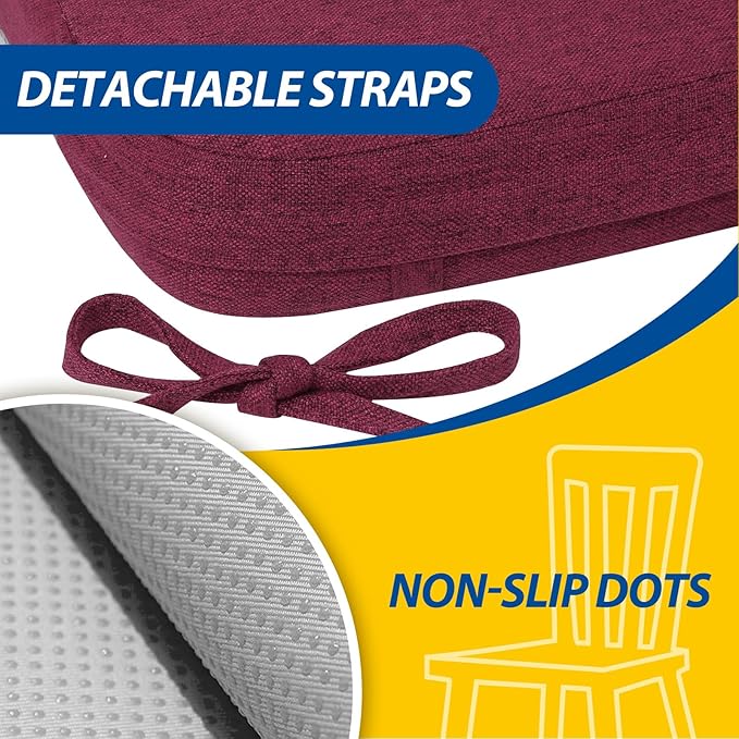 AAAAAcessories D-Shaped Chair Cushions, 2" Thick Dining Chair Pads with Ties and Removable, Machine-Washable Cover, 17" x 16", Set of 2, Wine Red