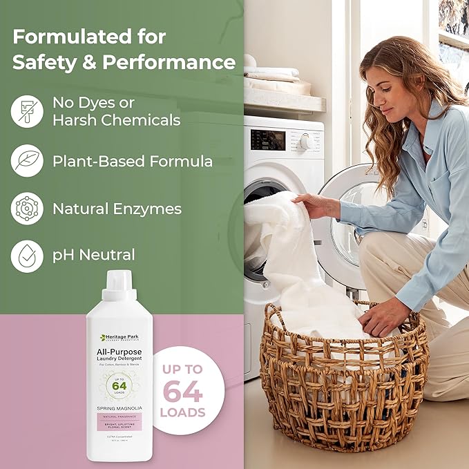 Heritage Park Luxury Laundry Detergent | Dermatologist Tested Plant based Natural & Enzyme Laundry Detergent | Sensitive Skin Friendly - Spring Magnolia (32 fl oz)