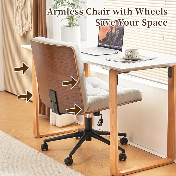 Furnimart FSC Wooden Wide Desk Chair, 360° Swivel Criss Cross Office Chair with Wheels, Comfy Cross Legged Sitting, Armless Height Adjustable Rolling Chair for Bedroom, Office, Vanity (Linen Beige)