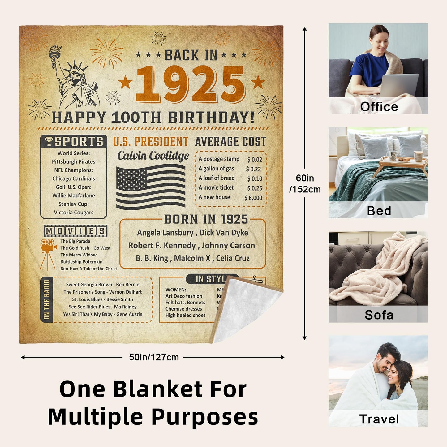 100th Birthday Decorations for Women or Men, 100th Birthday Gifts for Women Men, 100th Birthday Party Supplies, Gifts for 100 Year Old Woman Man Grandma Grandpa Dad Mom Throw Blanket 60x50 Inch