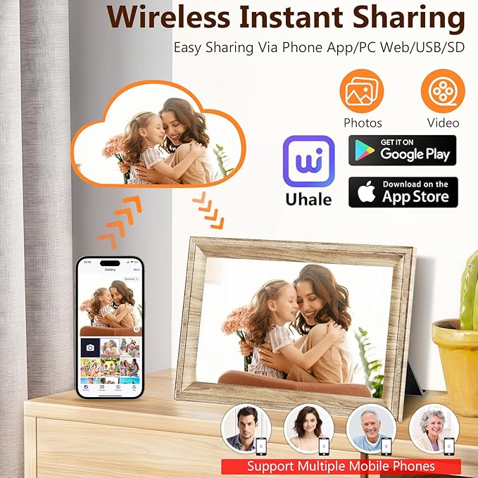 Digital Picture Frame WiFi Send Photos from anywhere16GB Storage Smooth System 10.1inch 1280x800 IPS Touch Screen Wood Light Color