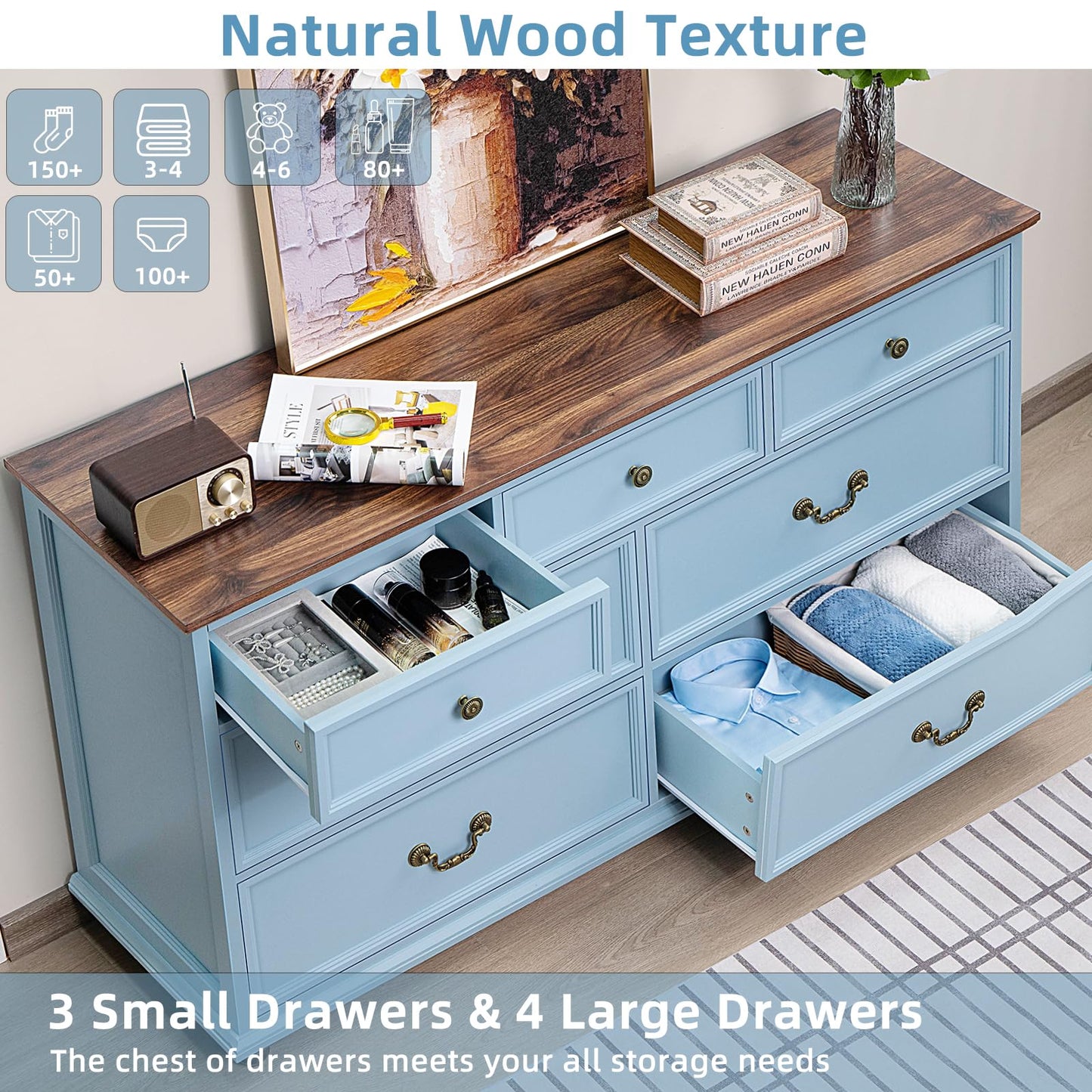 Joaxswe Farmhouse Dresser and Nightstand Sets 3 Piece, Nightstands Set of 2 and 7 Drawers Dresser for Bedroom, 54" Wide Dresser and 24" Inch Night Stand Set for Bedroom, Living Room, Hallway