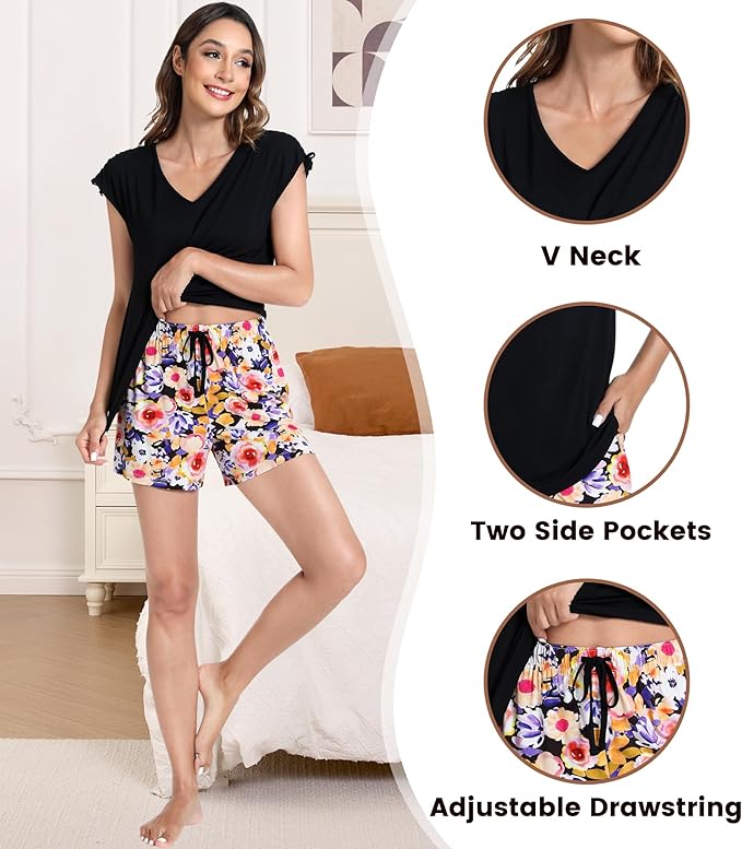 NACHILA Pajamas for Women-Viscose from Bamboo, Ribbed Racerback Tank Top Sexy Split Shorts Pajama Sets Cooling Sleep Cami Pjs