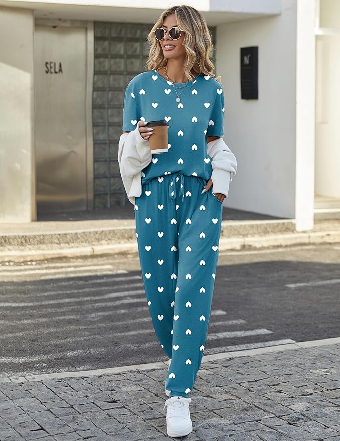 Ekouaer Pajamas for Women Set 2 Pack Lounge Set Short Sleeve Pjs Joggers Long Pants Loungepwear with Pockets