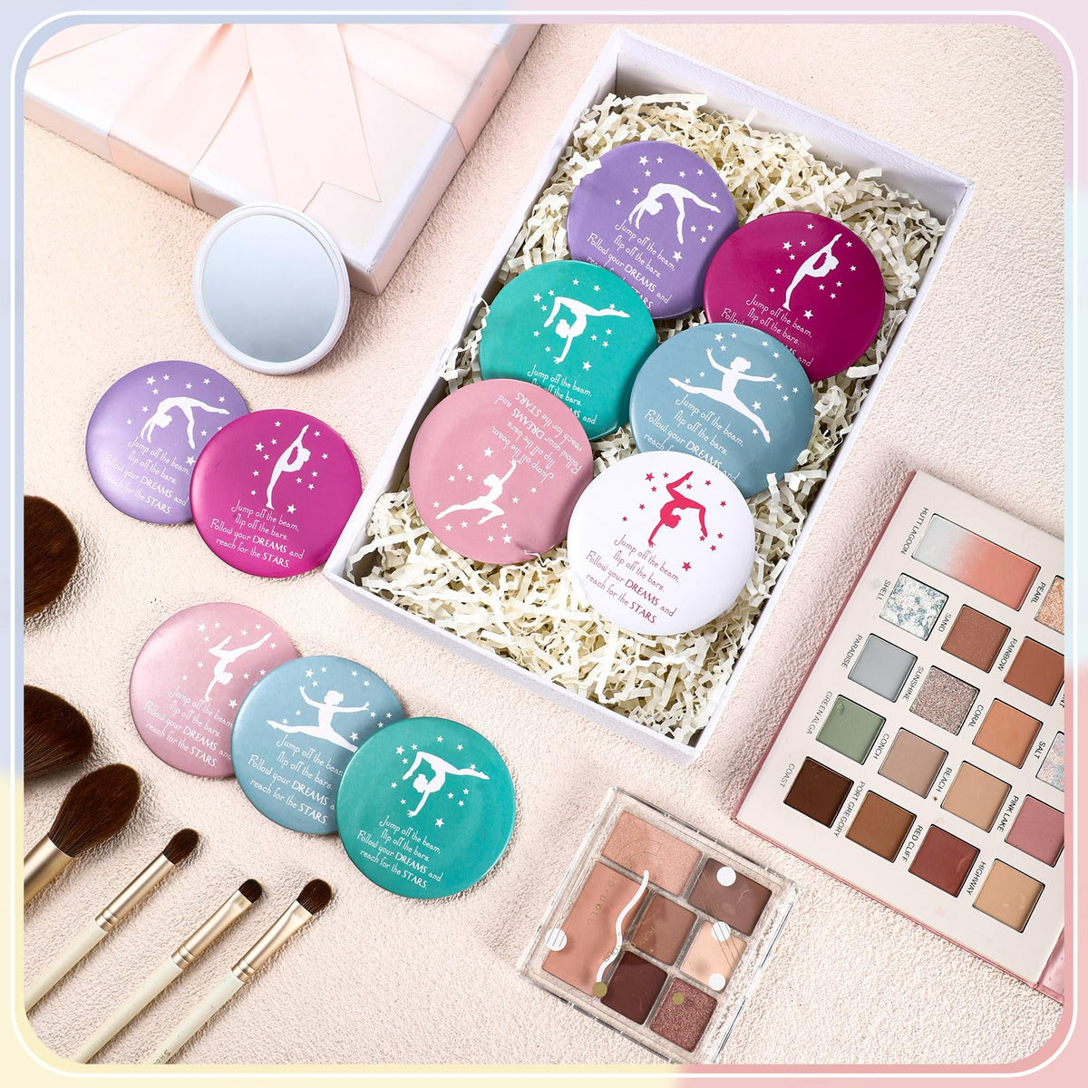 CroBlissful 18 Pcs Gymnastics Party Favor Bulk Mini Compact Mirror for Women 2.76 Inches Pocket Mirror Inspirational Gymnastics