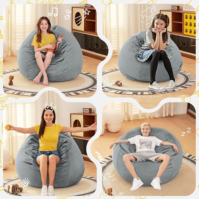 HABUTWAY 2FT Bean Bag Chair, 2' Beanbags Small Bean Bag Chairs with Filling, Teardrop Bean Bag Chair Luxurious Velvet Ultra Soft Fur with Removable Cover(Light Grey)