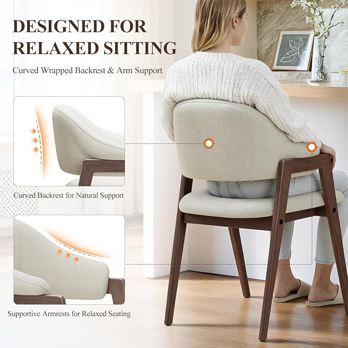 MALOL Wooden Dining Chairs Set of 6, Modern Fabric Upholstered Dining Room Chair, Kitchen Side Chairs, Farmhouse Dinner Chair with Curved Open Back for Kitchen, Beige