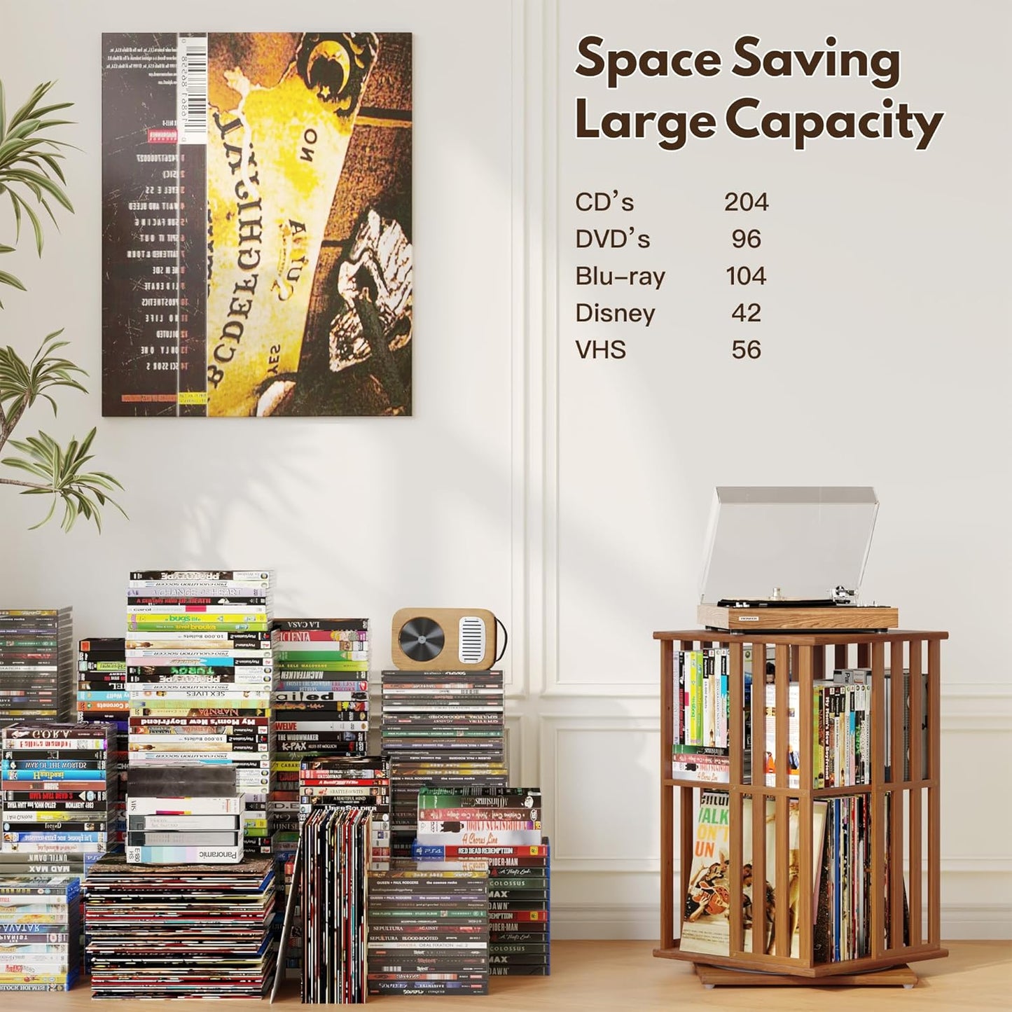 XIMN 360° Rotating Bamboo CD/DVD Shelf - 6-Tier Space-Saving Media Storage Cabinet for Movies, Organizer with Super Compact Design (Walnut, 2 Tier)
