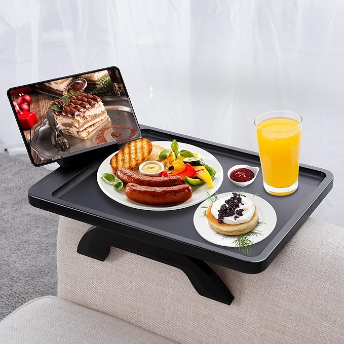 SINWANT Couch Armrest Table, Large Bamboo Couch Arm Table 360° Phone Holder,Foldable Sofa Arm Tray for Eating Drinking Sna...