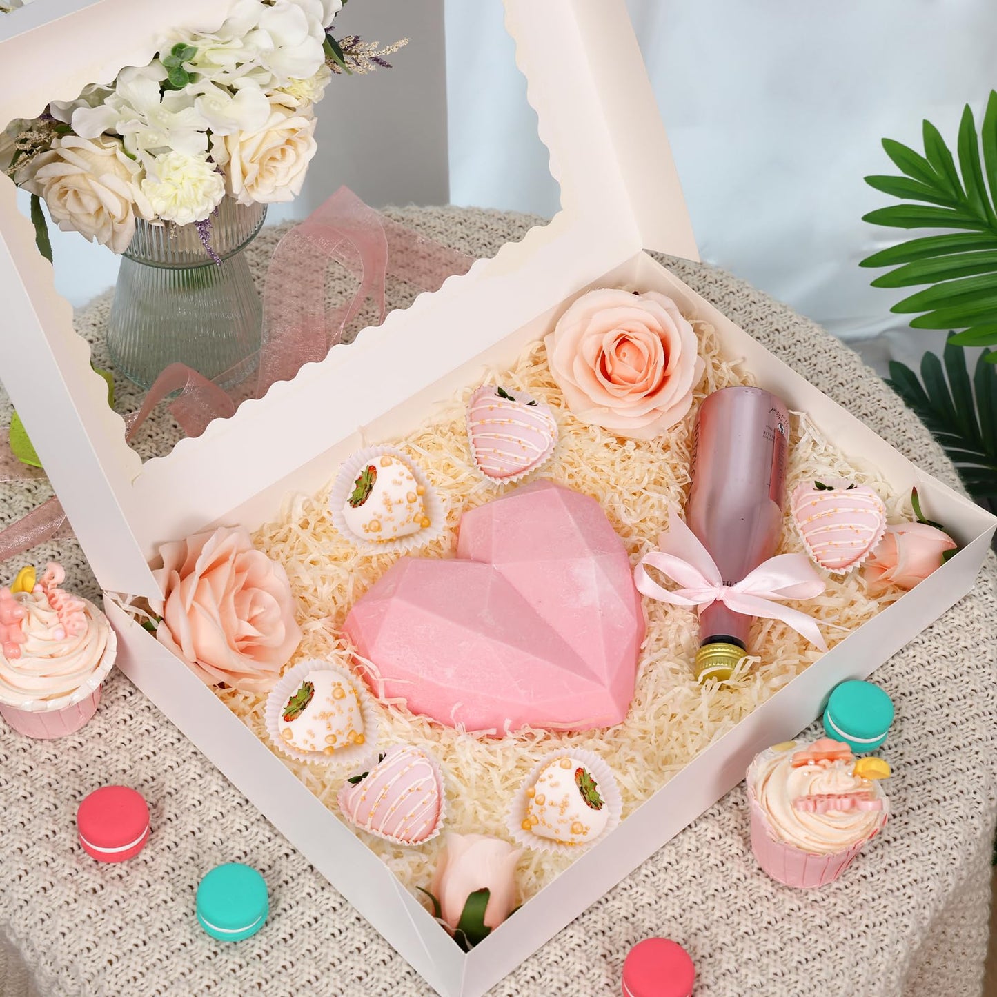 Moretoes 30pcs Cookie Boxes, 16x11x2.5 Inches Auto-Popup Bakery Boxes with Window for Pastries, Pies, Muffins, Chocolate Covered Strawberries