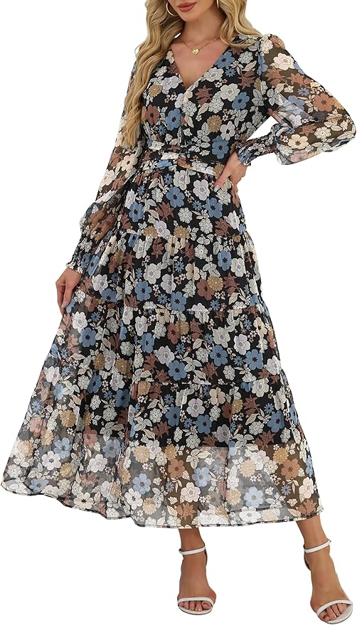 ANRABESS Womens Floral Long Sleeve Maxi Dress V Neck Chiffon Flowy Boho A-Line 2026 Spring Wedding Guest Party Wrap Dresses
