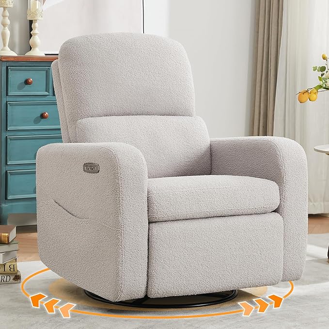 AEMEIOS Swivel Rocker Recliner, Power Recliner Glider with Removable Cushion, Oversized Upholstered Boucle Swivel Reclining Nursery Chairs for Living Room Bedroom, Teddy Grey