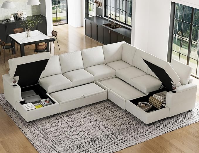 Belffin Oversized Sleeper Sofa U Shaped Modular Sectional Couch with Double Storage Chaise Convertible Sofa Bed. White Couch