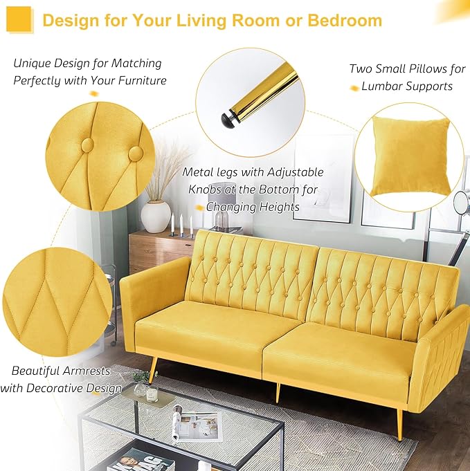ACMEASE 70” Velvet Futon Sofa Bed w/Adjustable Armrests & 2 Pillows, Convertible Futon Couch w/Adjustable Backrests, Modern Sleeper Bed for Living Room, Bedroom, Yellow