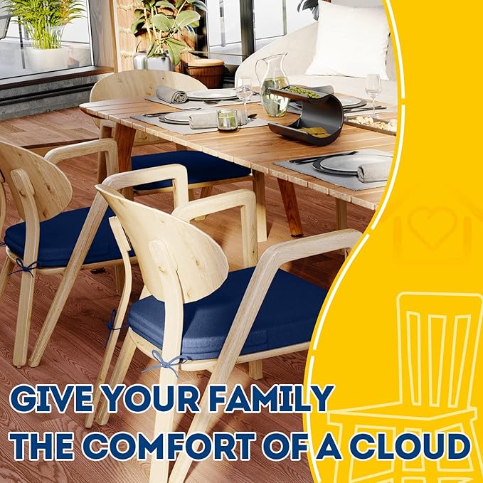 AAAAAcessories D-Shaped Chair Cushions, 2" Thick Dining Chair Pads with Ties and Removable, Machine-Washable Cover, 17" x 16", Set of 6, Blue