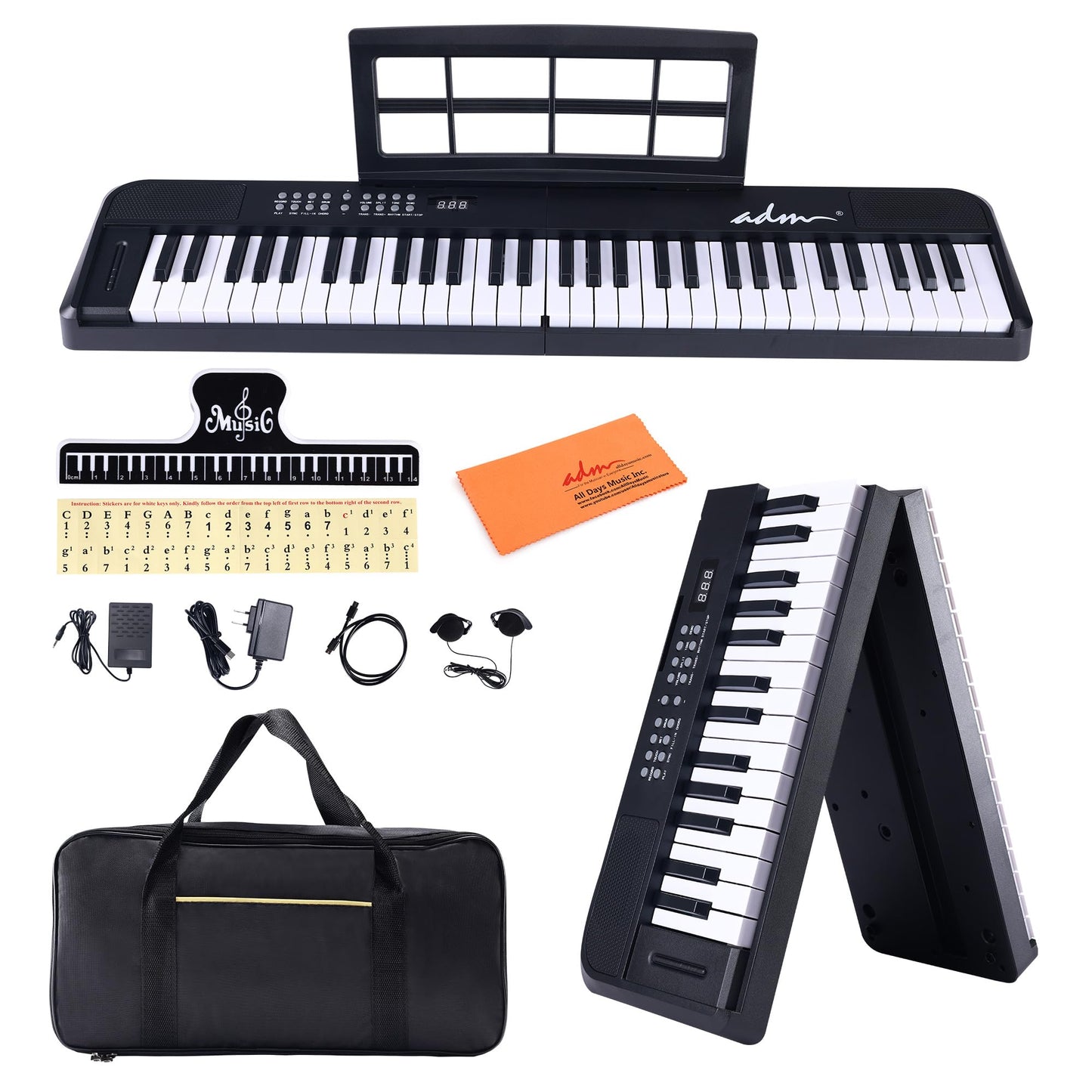ADM 61 Key Folding Electric Piano Keyboard, Foldable Electronic Keyboard, Wireless 128 Tones, 128 Rhythms Includes Pedal, Gig Bag, Headphones for Beginners, Students, Teenagers, Adults, Black