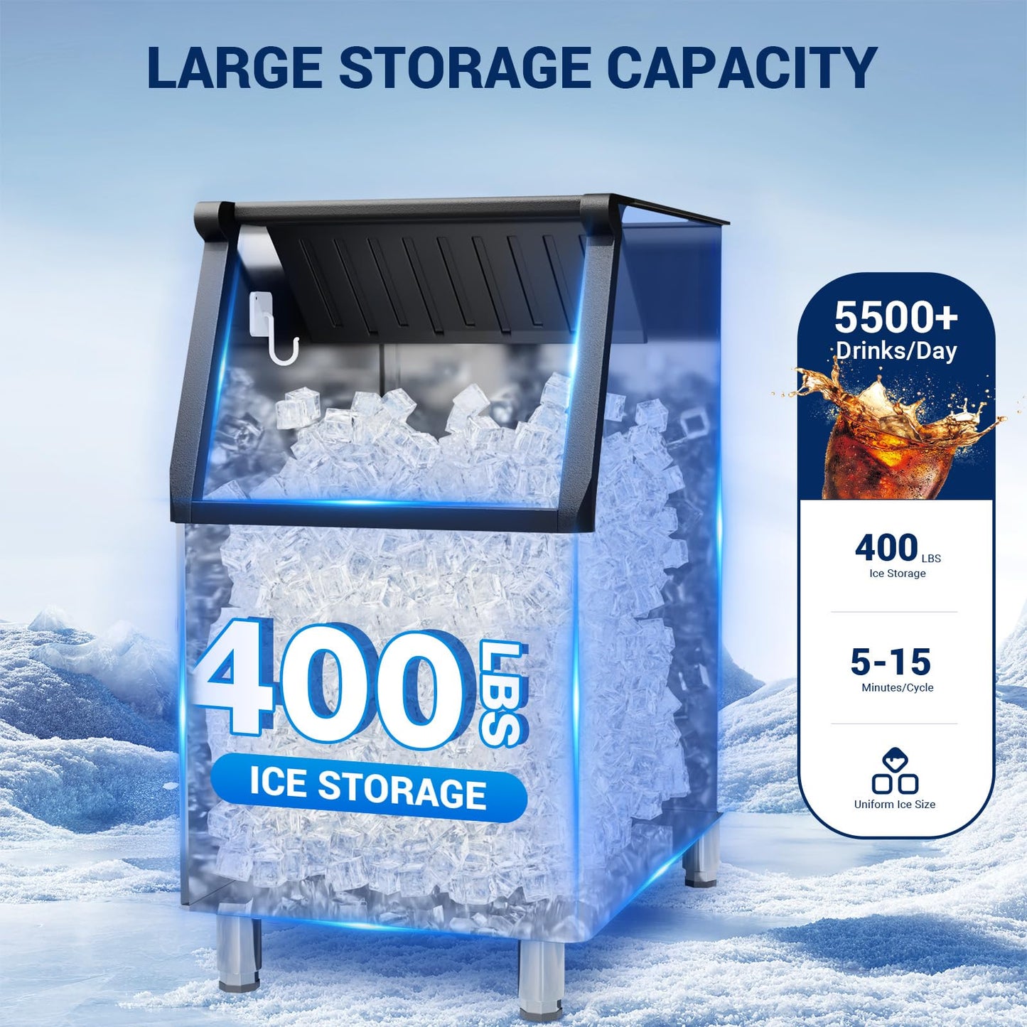 Commercial Ice Maker 500 LBS/24h,132 Ice Cubes Ready in 5-15 min with 400 LBS Storage Bin, Self-Cleaning Stainless Steel Industrial Ice Machine Perfect for Bar Restaurant Cafe