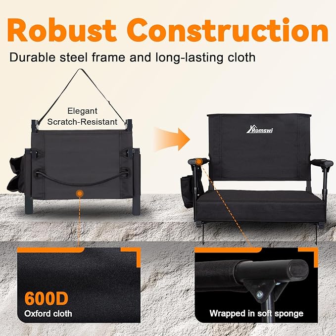 Romswi 2-Pack Stadium Seats with Back Support & Armrests, Lightweight Bleacher Chairs with 2 Cup Holders, Portable for Football Games & Events, Black