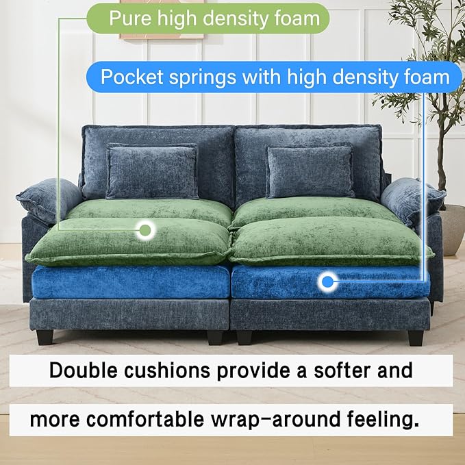 Oprisen 86" Modular Sectional Sofa, Comfy Cloud Couch Sectional Sofa with Ottoman, Chenille Sofa Sleeper Deep Seat Sofa with Throw Pillows for Living Room (Blue)