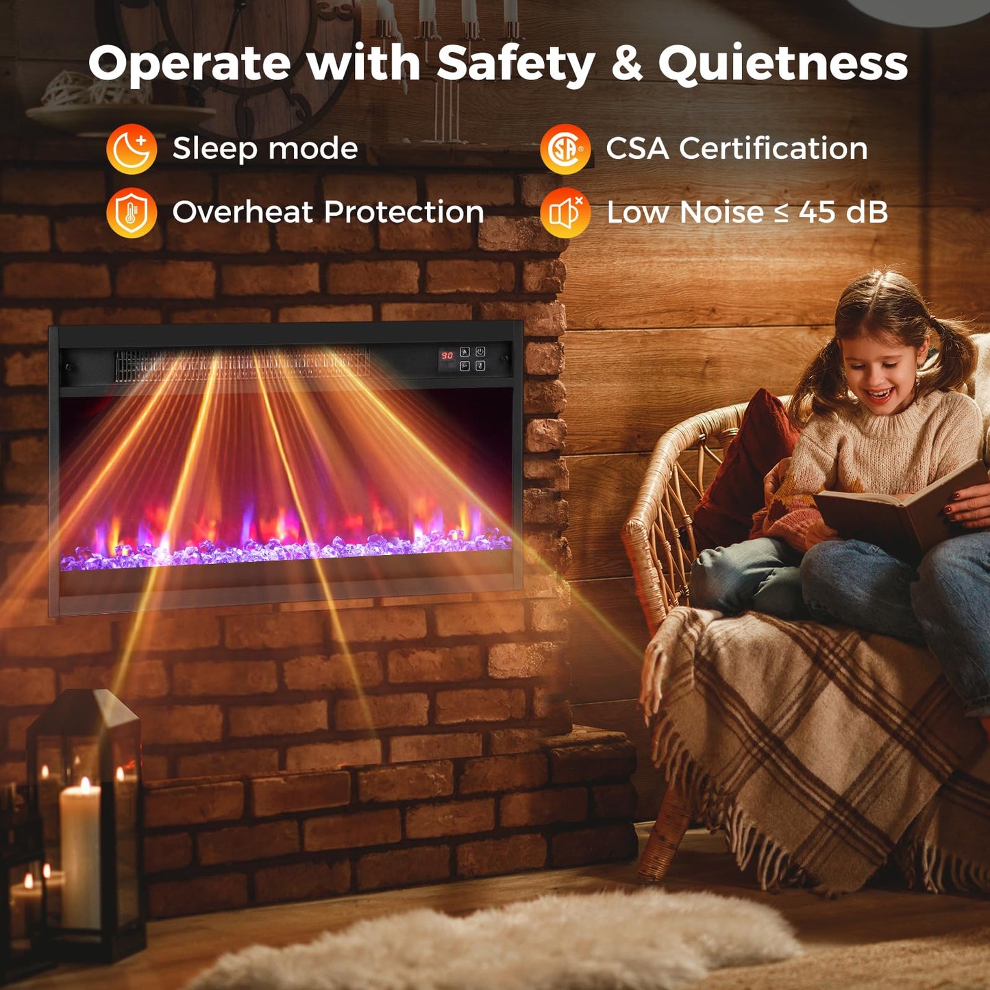 COSTWAY 23 Inch Recessed Fireplace Heater, Electric Fireplace Insert w/Multi-Color Flame & Crystal Ember Bed, Remote Control, 9H Timer, Built-in Thermostat & Overheat Protection, 1500W