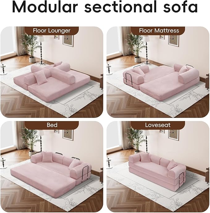 ZQRhome 79" 5-in-1 Convertible Sofa Bed, Luxe Sleeper with Reinforced Frame & Plush Support, No Assembly Corduroy Couch for Lounge, Bedroom & Dorm, Pink
