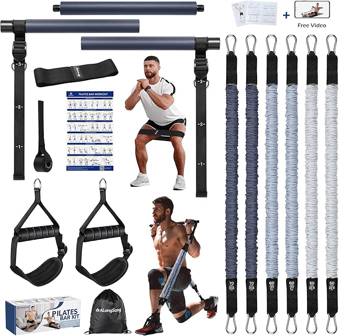 Upgraded Pilates Bar Kit with Resistance Bands Natural Latex for Women & Men, Heavy-Duty Stainless Steel Multifunctional Y...