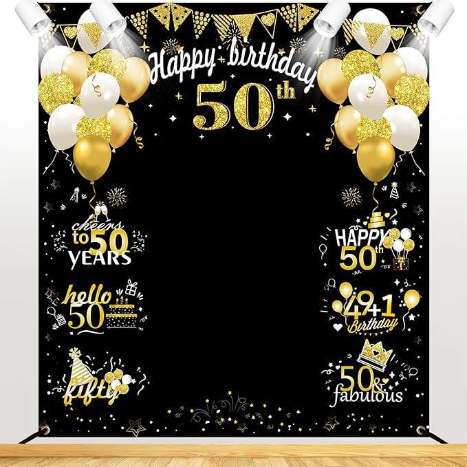 Large 50th Birthday Decorations, Big 50 Birthday Banner for Women Men, Black Gold Funny Fifty Years Bday Photo Booth Props...