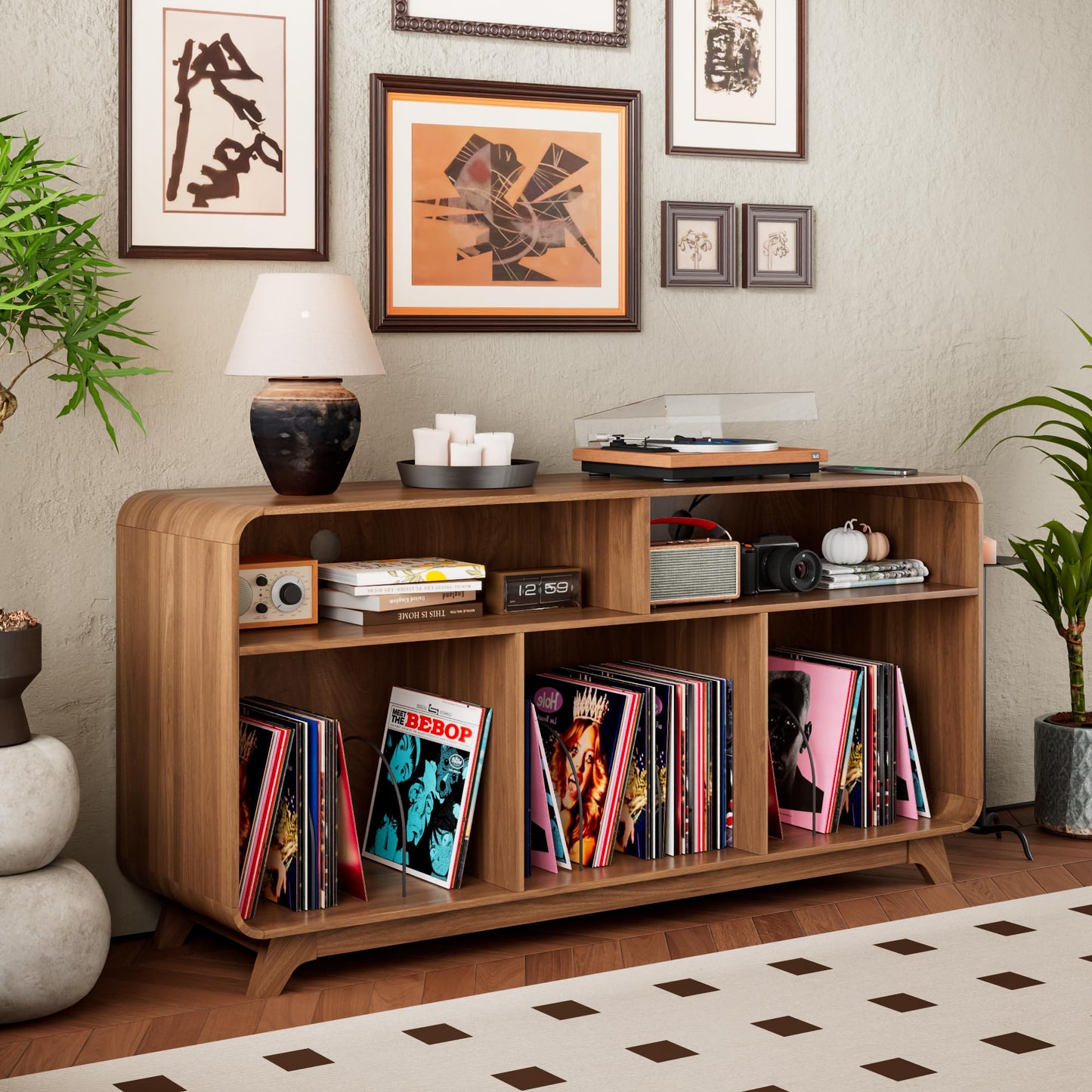 Boweniog Record Player Stand with Vinyl Storage Cabinet with Charging Station & USB Ports, Turntable Stand, Curved Vinyl Record Cabinet with Wood Legs for Bedroom Living Room (Walnut, 55inch)