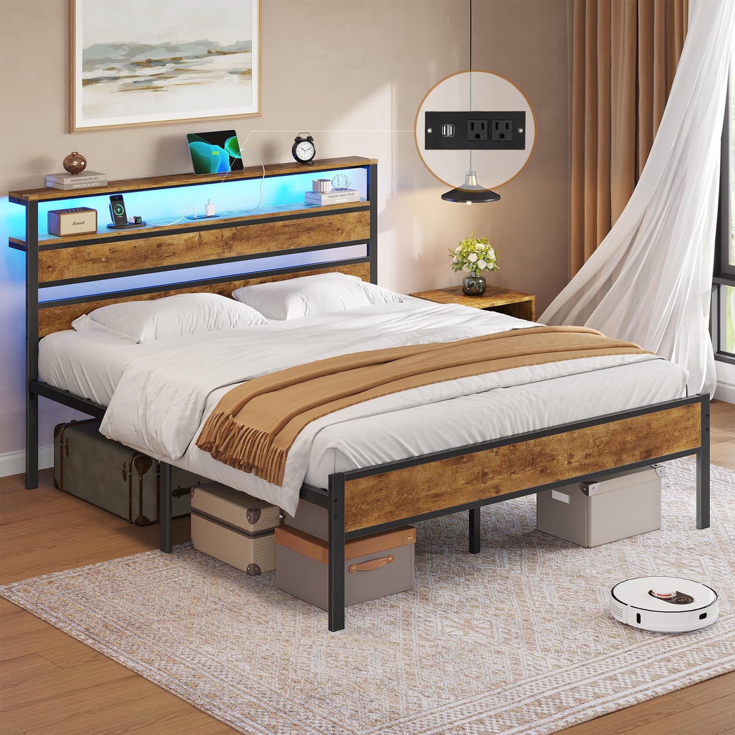 DICTAC 18 Inch Full Bed Frames with Charging Station and LED Light, Wood Headboard with 2-Tier Storage Shelves, Full Size Platform Bed Frame with Metal Slats, No Box Spring Need, Easy Assembly