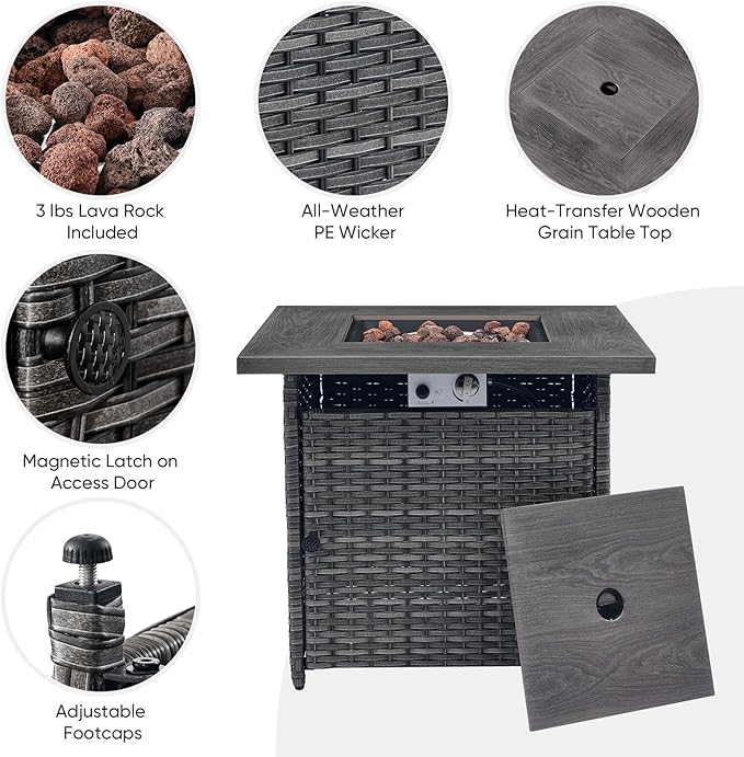 Belord Outdoor Patio Furniture Set with Propane Fire Pit Table, 7 Pieces Wicker Patio Conversation Set with 2 Swivel Glider Rocker Chair Rattan Sofa Grey Cushion Perfect for Casual Gathering