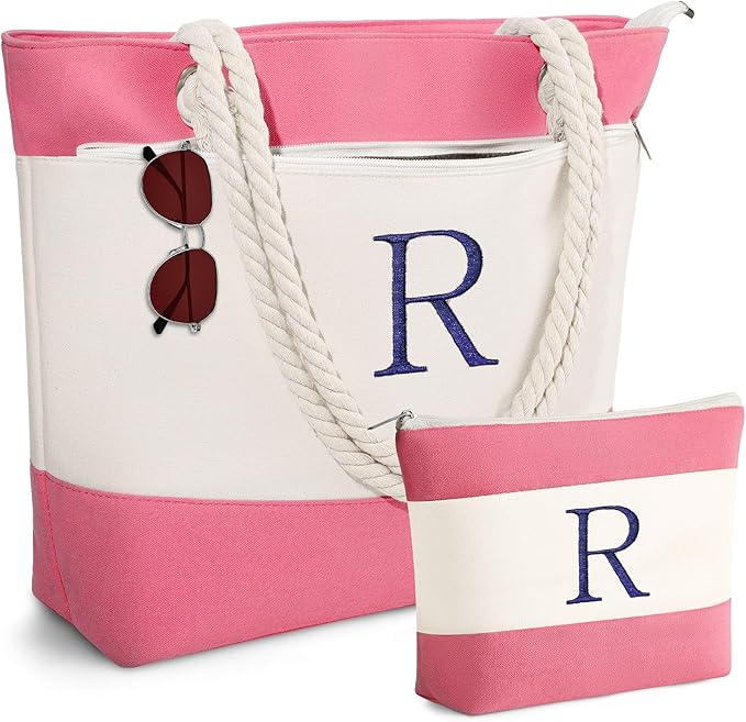 YOOLIFE Beach Bags for Women - Initial Canvas Tote Waterproof Bag with Makeup Bag Gifts for Women Mom Friend Birthday Her
