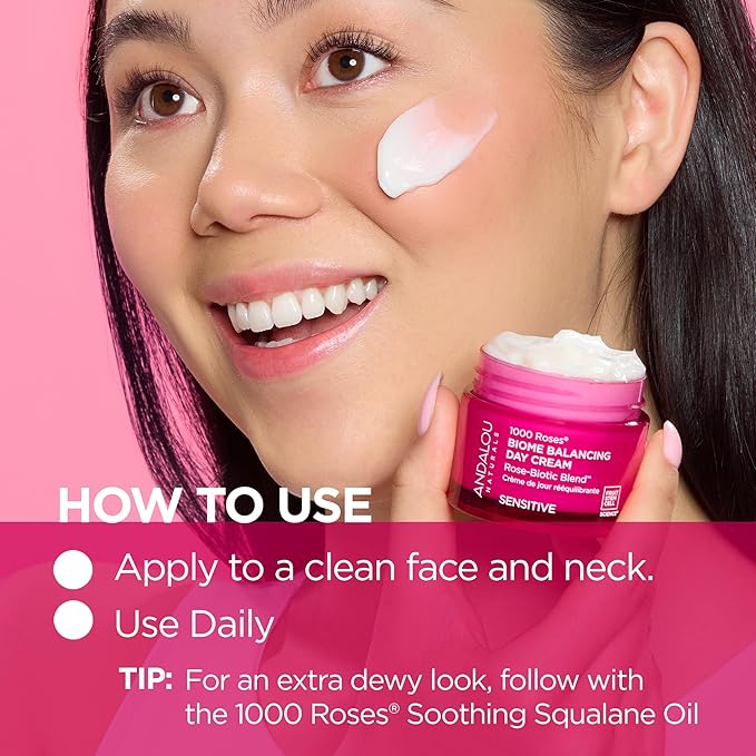 Andalou Naturals 1000 Roses Skin Biome Balancing Day Cream - Lightweight Face Moisturizer with Alpine Rose Stem Cells, Postbiotics - Soothing Hydration for Sensitive Skin - 1.7 Oz