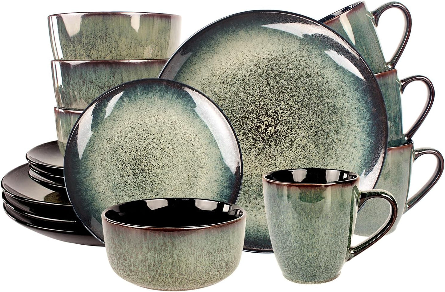 Dinnerware Sets(16Pcs) Serves for 4, Reactive Glaze Plates and Bowls Set with Mug,7.9"Small Plate,10.6"dinner Plate,5.5"bowl, Modern kitchen tableware,Microwave safe, Set No.3