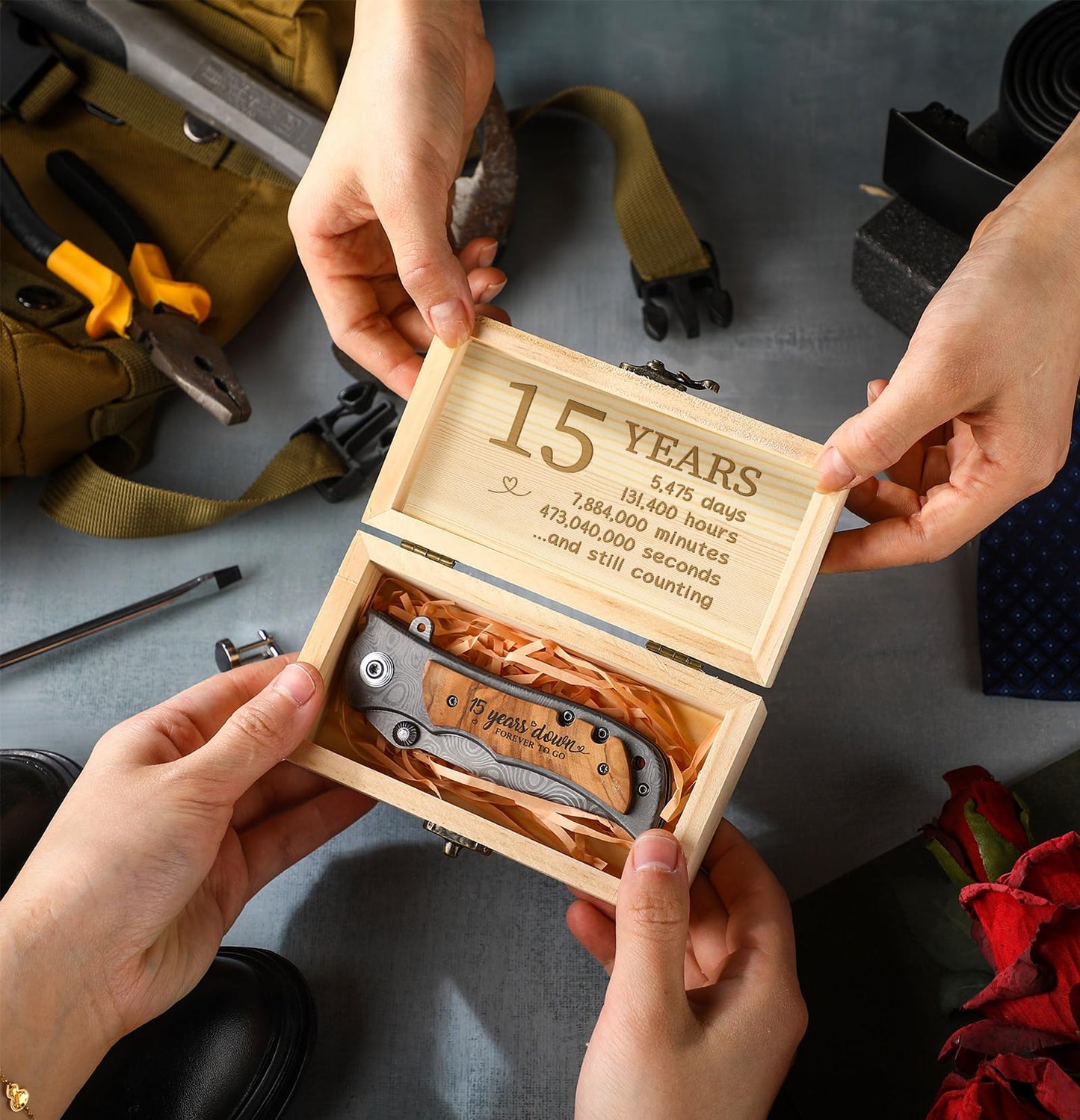 Lanties 15 Years Anniversary Keepsake Gifts for Him Engraved Pocket Knife with Gift Box Happy Tin Anniversary Customized Wedding Birthday Father's Day Gifts for Men Husband