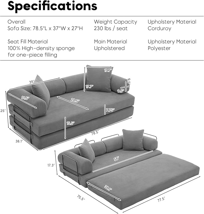 ZEIINPA Convertible Sleeper Sofa Bed with Cylindrical Pillow, Corduroy Folding Mattress Couch with Fixed-Shape Frame, Floor Sofa Lounge Couch for Living Room Bedroom Lounge Studio-Grey