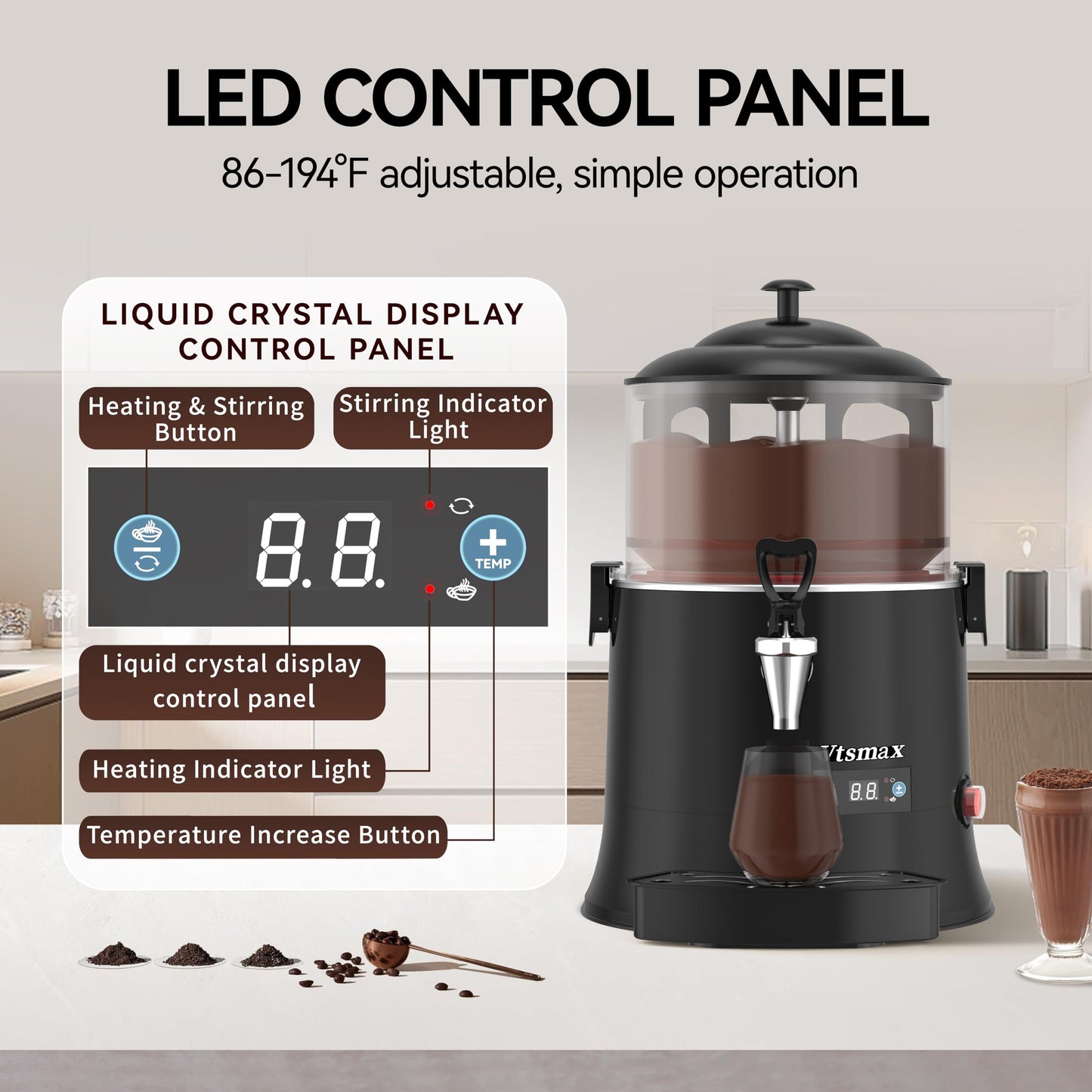 Vtsmax 5L/1.3Gal Commercial Hot Chocolate Machine Hot Drink Dispenser, 86-194°F Intelligent Temperature Control Hot Beverage Maker for Chocolate, Cocoa, Milk, Coffee, Juice, Black