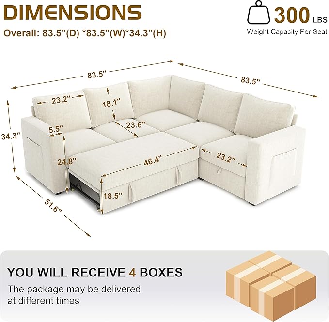 SUAWY 83.5" Sectional Sleeper Sofa with Pull Out Couch, Modern 5 Seat L Shaped Modular Couch, Sectionals Modular Sofa with Storage, Comfy Sectional Couches for Living Room & Apartment, Ivory Beige