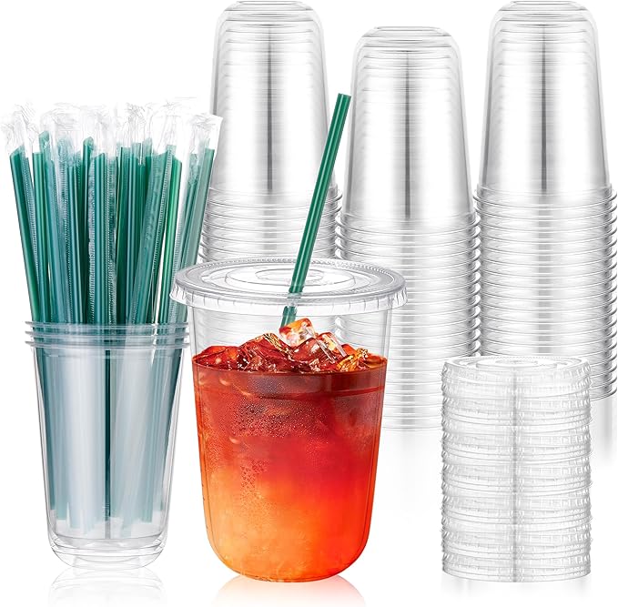KesaPlan 50 Sets 16 oz Plastic Cups with Lids and Straws, Clear Disposable Iced Coffee Cups for Cold Drinks Juice Milkshak...