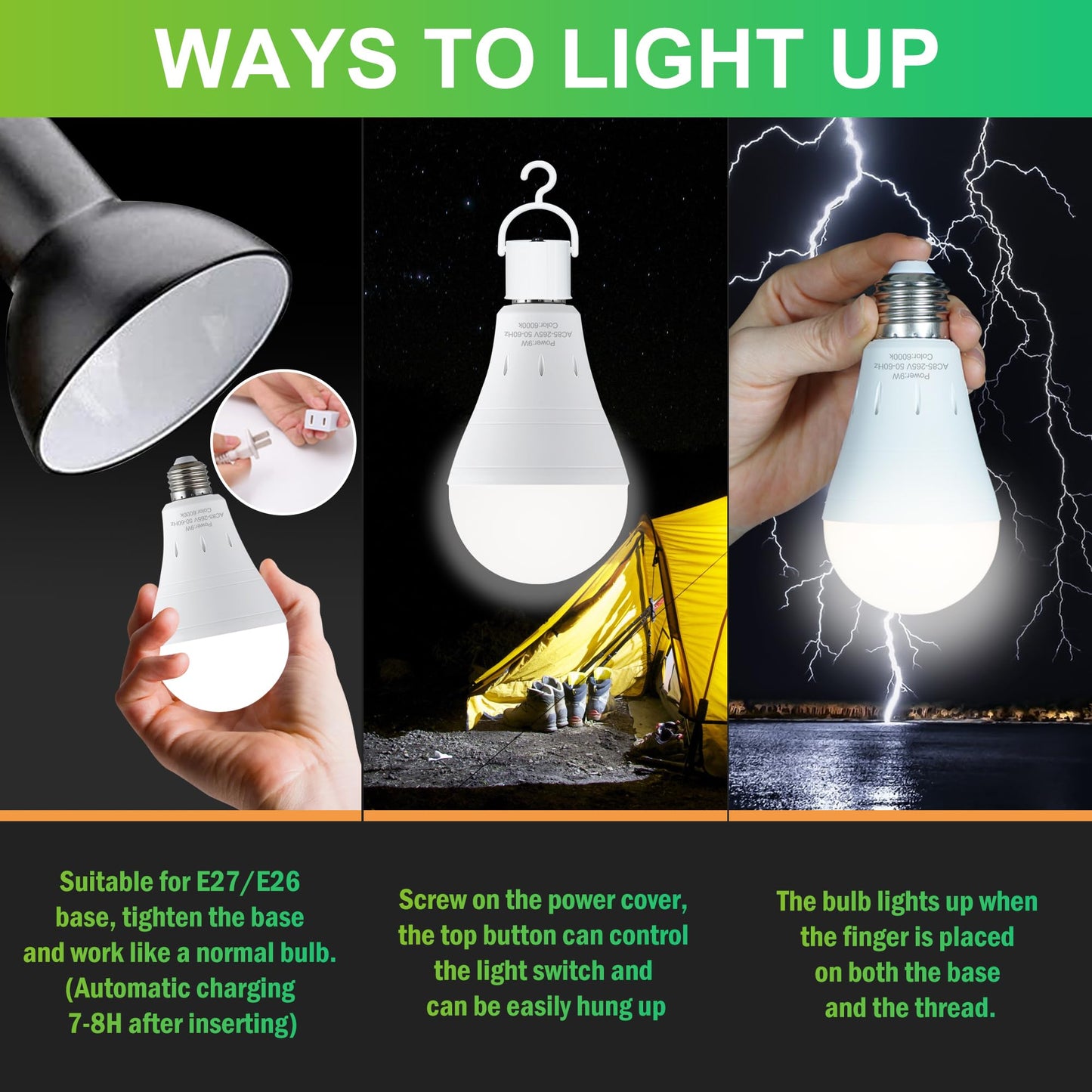 DEBAOBULB 6 Pack Rechargeable Emergency Light Bulbs, Battery Powered LED Light Bulb 6000K Daylight E26 120 Volt 9W 60W Equivalent with 1200mAh for Home Power Outage Camping Hurricane