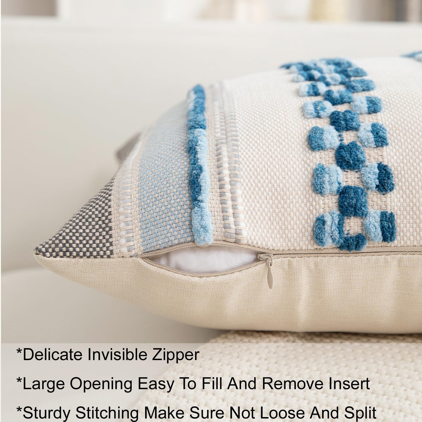 Boho Pillow Covers 18x18 Set of 2 for Couch-Modern Farmhouse Sofa Decorative Blue Throw Pillow Covers Textured Chenille Cushion Covers Outdoor Netural Bohemian Pillow Cases Square