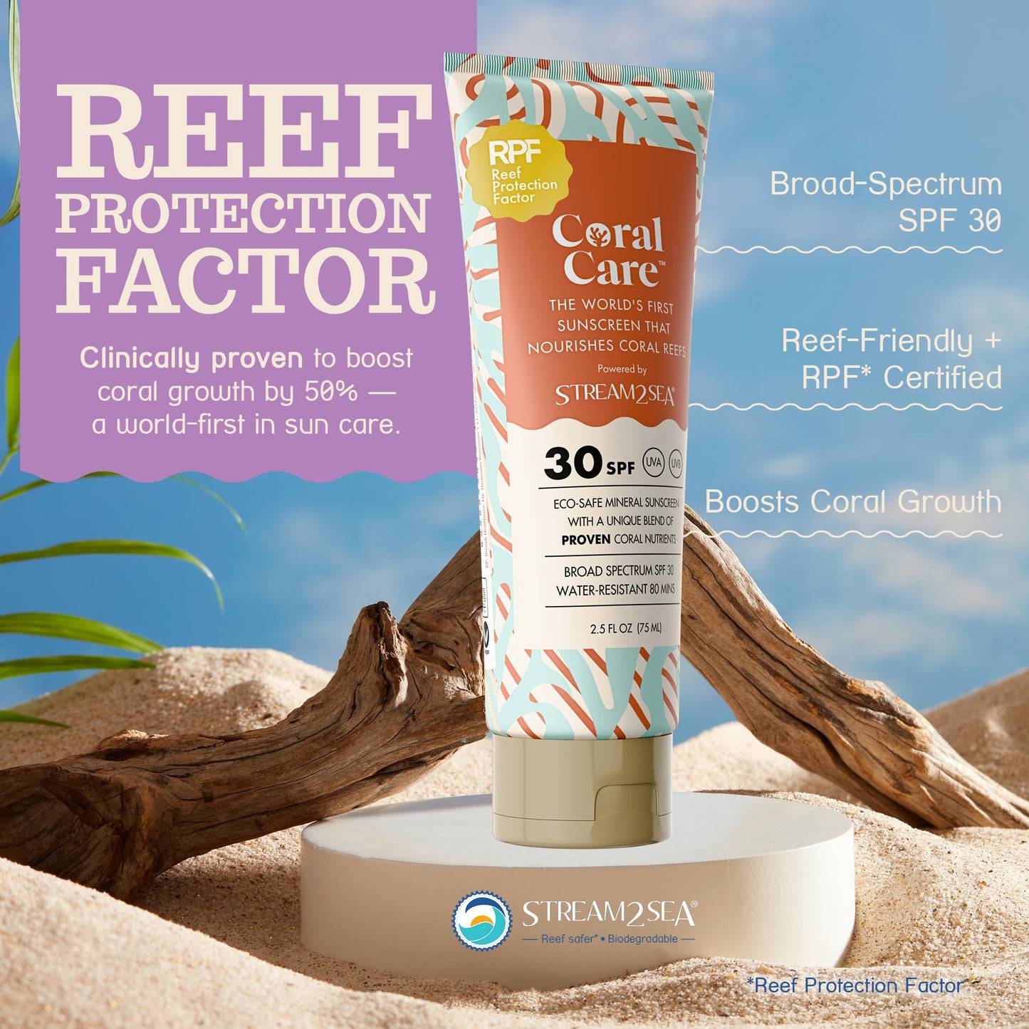 Stream2Sea Coral Care - Reef Safe Sunscreen SPF 30 Travel Size - First Reef-Approved Natural Mineral Sun block Boosts Coral Grow