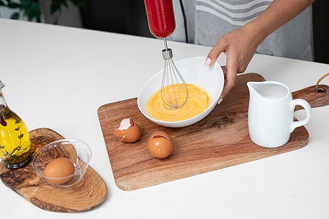 OVENTE Immersion Hand Blender Set, 300W Corded Electric Handheld Stick Mixer, 2 Mixing Speeds with Stainless Steel Blades, Egg Whisk, Beaker & BPA-Free Food Chopper, Red HS565R